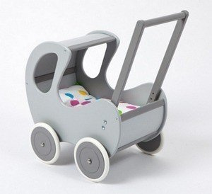 Drewniany wózek dla lalek. Szara budka-zabawki dla dziewczynek