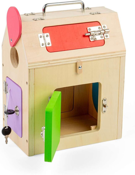 Domek manipulacyjny z zamkami i kółkami zębatymi Bigjigs 37004 Drewniane zabawki dla dzieci