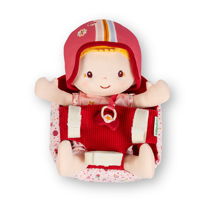 Lalka Dzidziuś Lena w foteliku rowerowym Lilliputiens 83633 z kamizelką i kaskiem na wycieczki i do przytulania