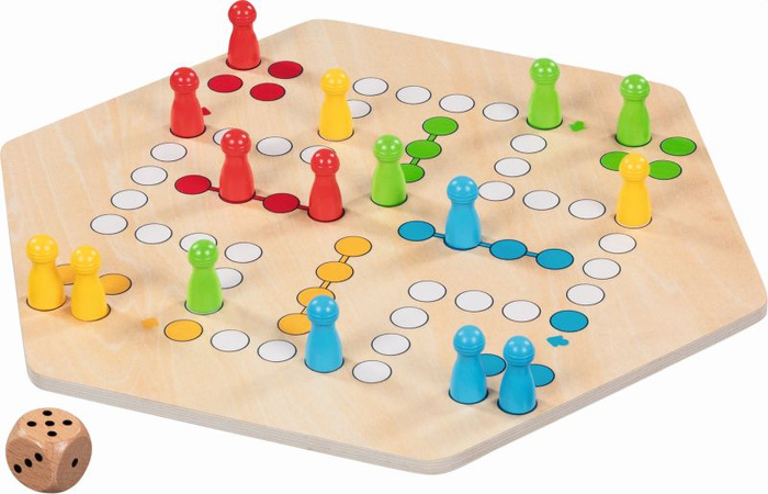 Chińczyk Ludo gra planszowa z kością i pionkami drewniana 45 x 45 cm Goki 56643