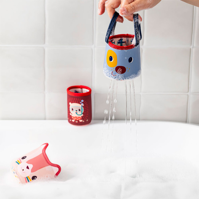 Zestaw 3 miękkich kubeczków do kąpieli Lilliputiens 83584 Piesek Jules Zabawka sensoryczna dla niemowląt