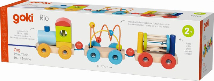 Drewniana zabawka do ciągnięcia Pociąg Rio z klockami labirynt z koralików grzechotka Goki 55847