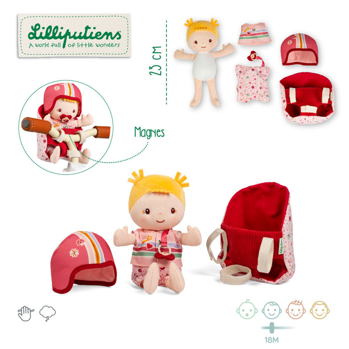 Lalka Dzidziuś Lena w foteliku rowerowym Lilliputiens 83633 z kamizelką i kaskiem na wycieczki i do przytulania