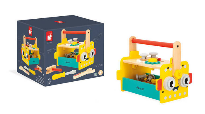 Skrzynka z narzędziami dla małego majsterkowicza Robot Brico Kids Janod J06455 drewniane zabawki dla dzieci