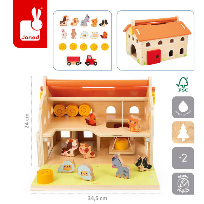 Drewniana farma z otwieranym dachem i figurkami Janod J03318 zabawki edukacyjne