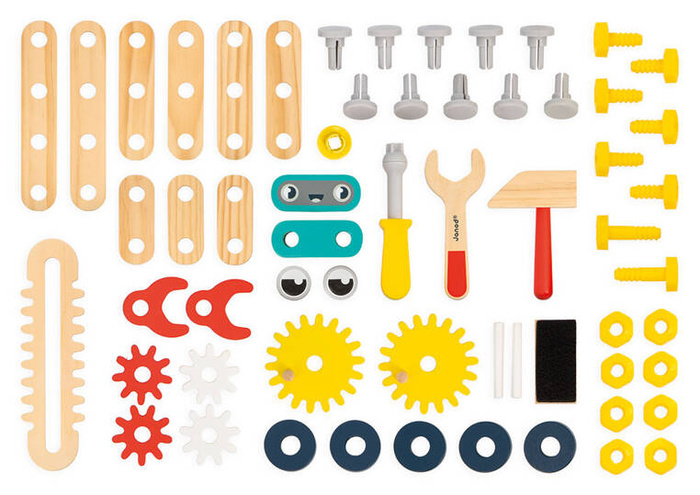 Duży stolik z narzędziami 60 el warsztat drewniany magnetyczny Robot Brico Kids Janod J06457