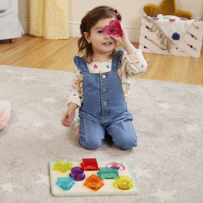 Drewniana układanka kształty i emocje kolorowy filtr Peek & Explore – Shapes & Emotions B.Toys BX2216Z