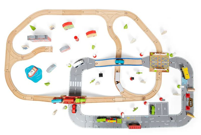 Kolejka drewniana i droga miejska 105 elementów Bigjigs Rail BJT032