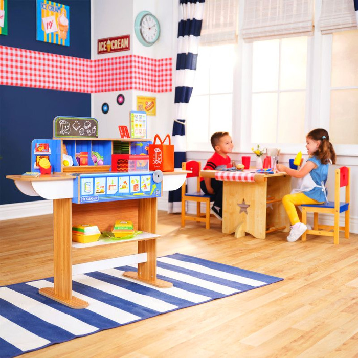 Drewniana restauracja 2w1 Stanowisko małego szefa kuchni KidKraft KK20256 z światłem i dźwiękiem