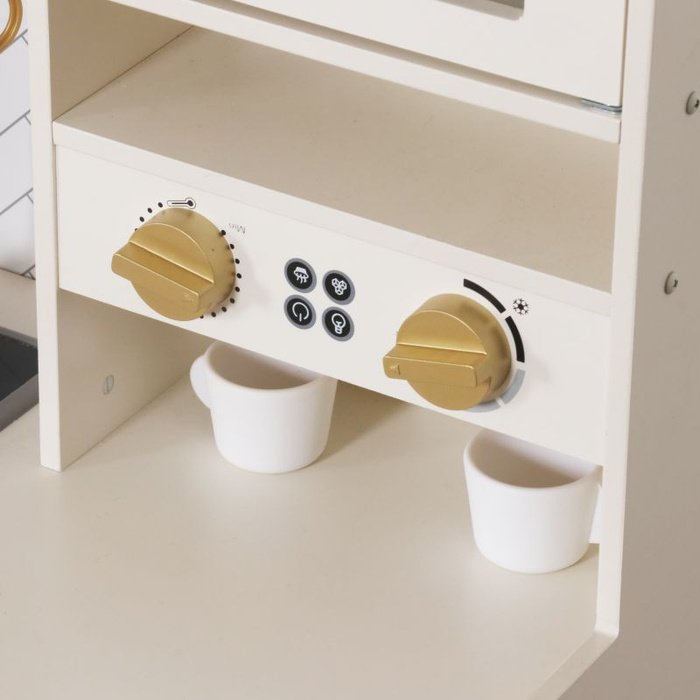 Drewniana kuchnia dla dzieci z płytą indukcyjną światłem i dźwiękiem oraz złotymi akcesoriami