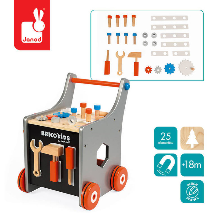 Szary jeździk, pchacz, warsztat z narzędziami dla dzieci i tablica na magnesy BRICO 'KIDS, JND06478-Janod, zabawki dla chłopców