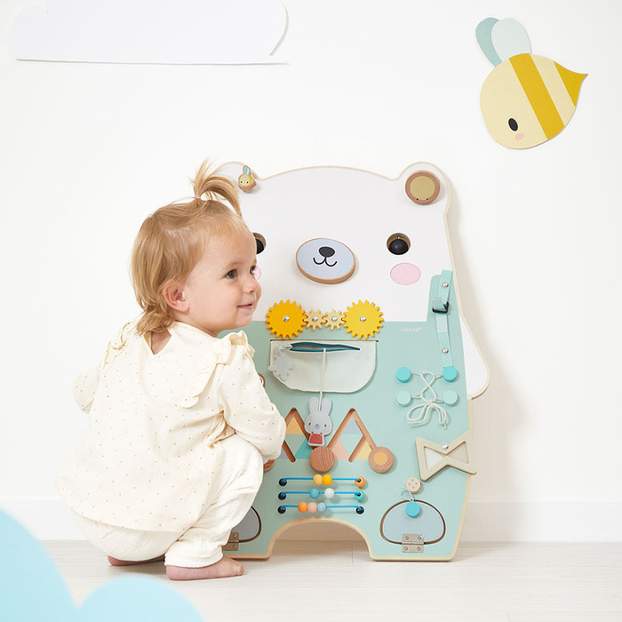 Duża drewniana tablica manipulacyjna 20 aktywności Miś Pure Janod J05162