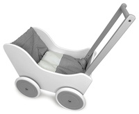 Biało-szary wózek z drewna dla lalki do zabawy dla dziewczynek