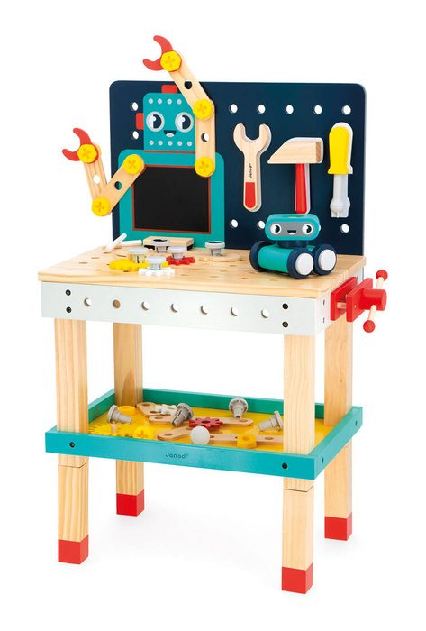 Duży stolik z narzędziami 60 el warsztat drewniany magnetyczny Robot Brico Kids Janod J06457