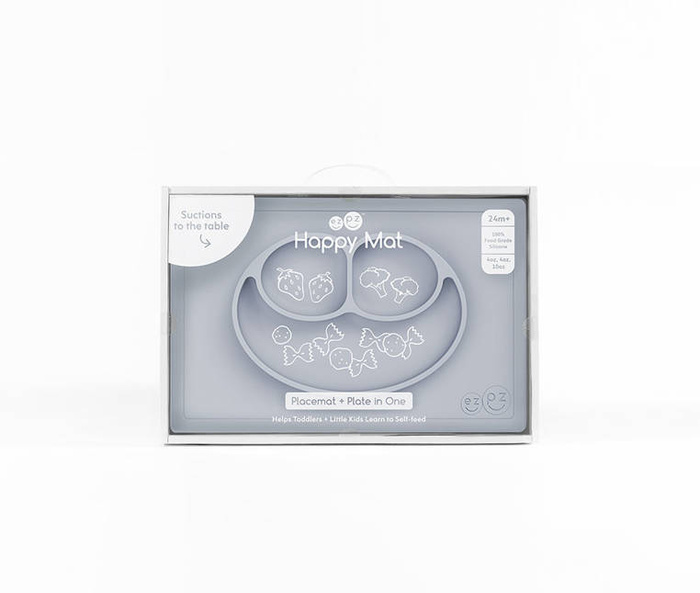 EZPZ Silikonowy talerzyk z podkładką 2w1 Happy Mat pastelowa szarość EUHMP003- EZPZ, naczynia dla dzieci