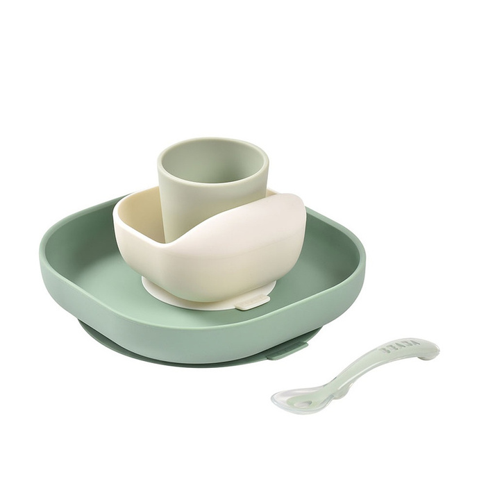 Silikonowe naczynia dla dzieci Zestaw z przyssawką Sage Green Beaba 913592