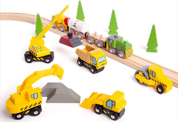 Zestaw drewnianych samochodów budowlanych do kolejki dla dzieci BJT065 Bigjigs Rail