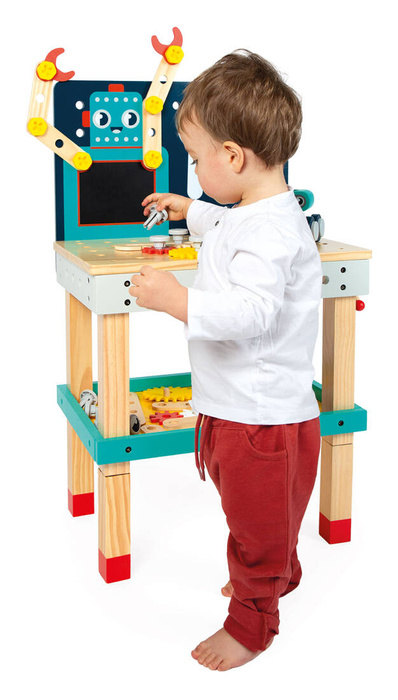 Duży stolik z narzędziami 60 el warsztat drewniany magnetyczny Robot Brico Kids Janod J06457