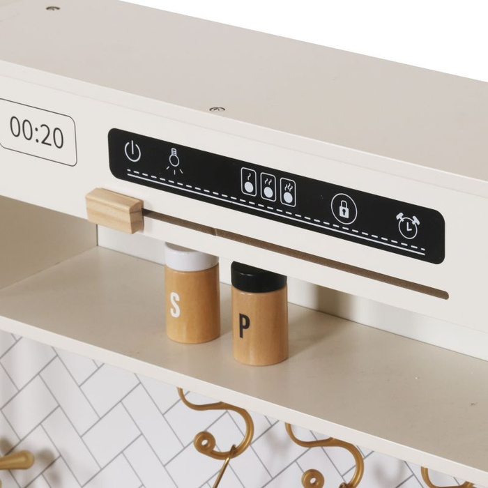 Drewniana kuchnia dla dzieci z płytą indukcyjną światłem i dźwiękiem oraz złotymi akcesoriami