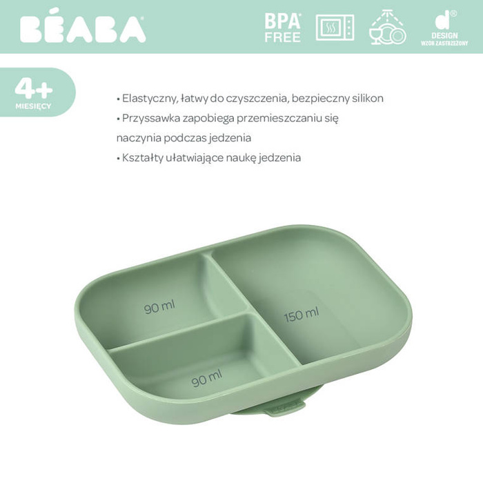 Silikonowy trójdzielny talerz z przyssawką Sage green Beaba 913549