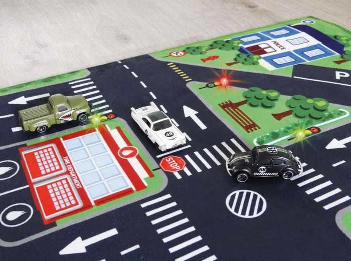 Mata animacyjna Droga 72 x 120 cm i 3 samochodziki Sygnalizacja świetlna Buki 5702 maty edukacyjne