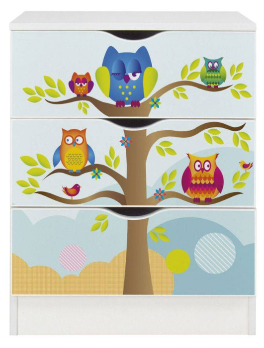 OUTLET Drewniana biała komoda z szufladami Sowy, meble do pokoju dziecka