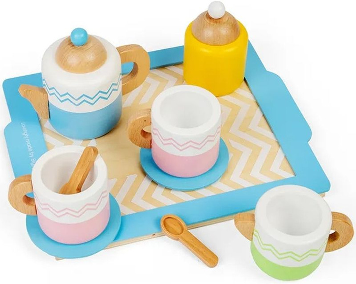 Drewniany zestaw do serwowania herbaty na tacy Kolorowa fala Bigjigs 36047