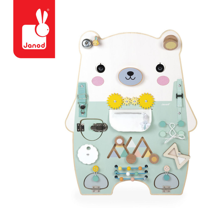 Duża drewniana tablica manipulacyjna 20 aktywności Miś Pure Janod J05162