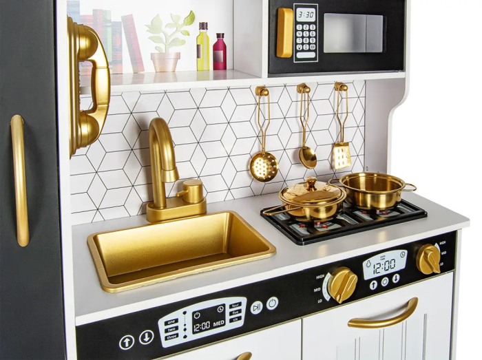 Kuchnia drewniana dla dzieci z kostkarką do lodu tablicą kredową telefonem z dźwiękiem i światłem