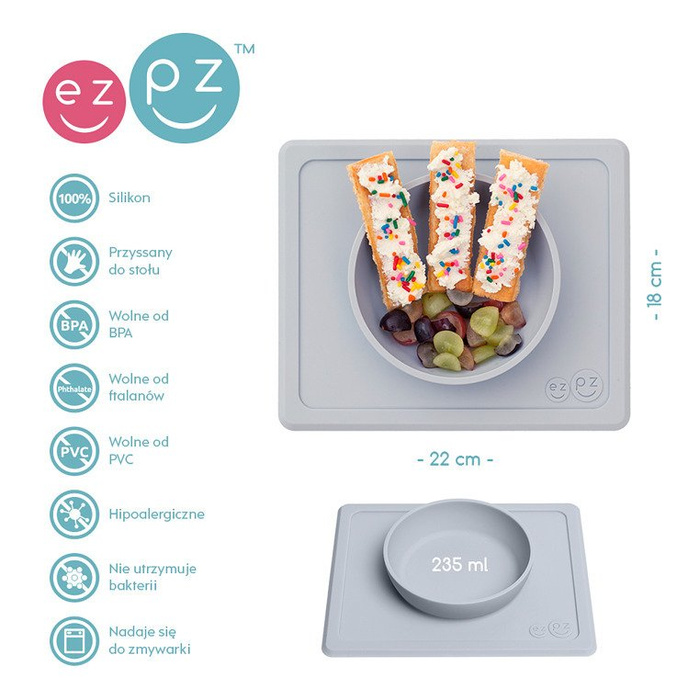 EZPZ Silikonowa miseczka z podkładką 2w1 Mini Bowl pastelowa szarość EUMBP003- EZPZ, naczynia dla dzieci