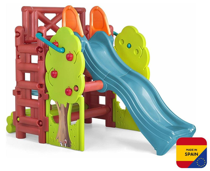 Plac Zabaw FEBER 09590 ze zjeżdżalnią ławeczką i stolikiem dla dzieci do kreatywnej zabawy Wood House