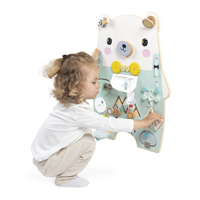 Duża drewniana tablica manipulacyjna 20 aktywności Miś Pure Janod J05162