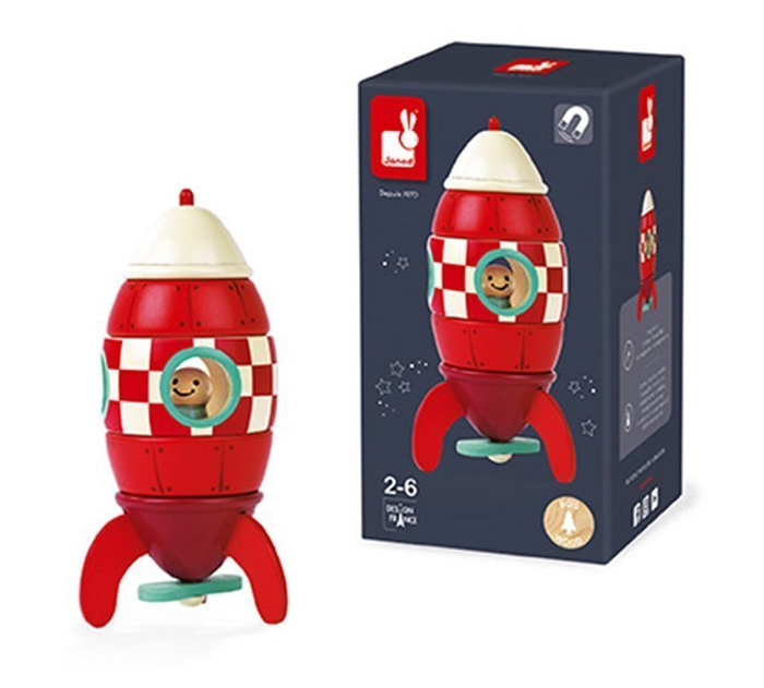 Drewniana, mała, magnetyczna rakieta, "Czerwona strzała", JND05207-Janod, zabawki dla chłopców