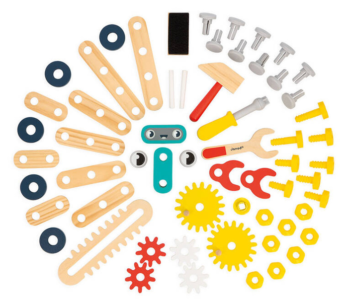 Duży stolik z narzędziami 60 el warsztat drewniany magnetyczny Robot Brico Kids Janod J06457