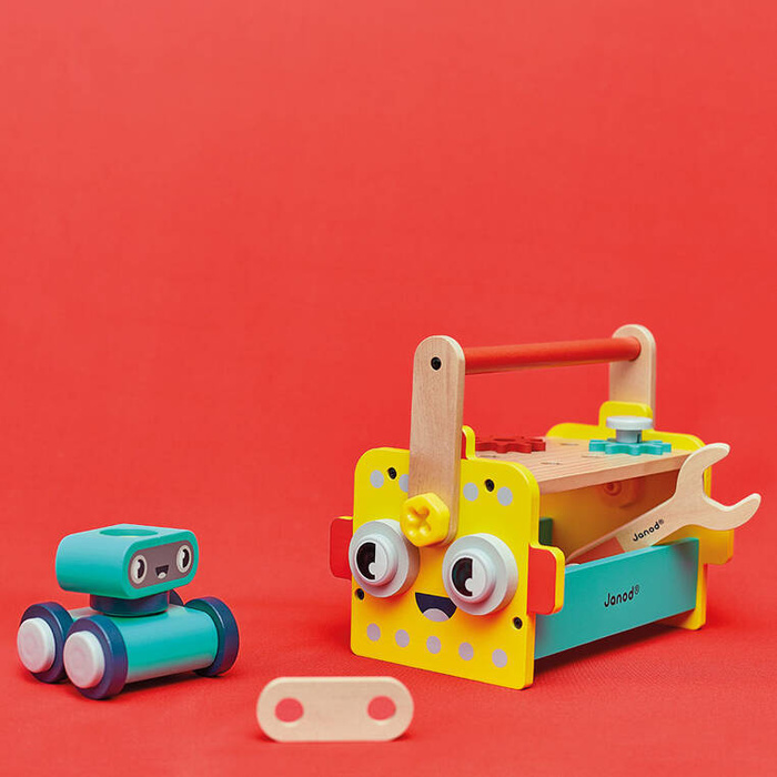 Skrzynka z narzędziami dla małego majsterkowicza Robot Brico Kids Janod J06455 drewniane zabawki dla dzieci