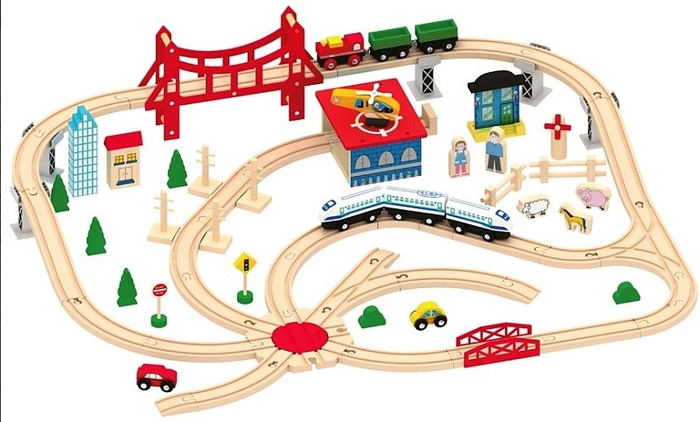 Kolejka drewniana City 130 elementów 700 cm trasy kolejowej