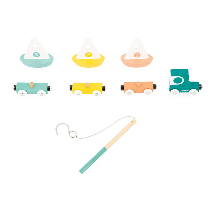 Kolejka dla dzieci pociąg drewniany z torami łódkami i makietą jeziora Bolid Janod J04629