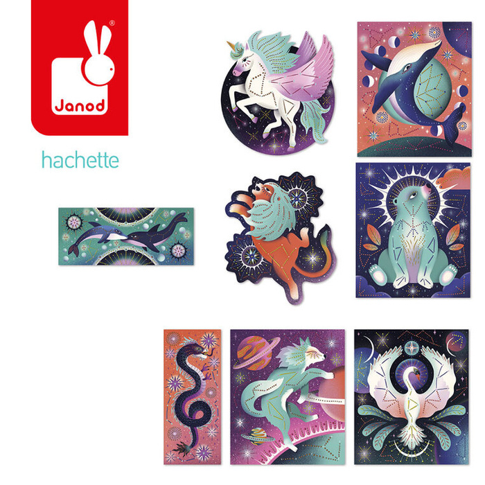 Zestaw kreatywny z farbkami Malowanie kropkami Puentylizm 3D Kosmiczne zwierzęta Janod J09168