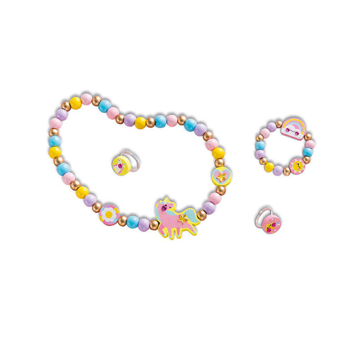 Zestaw kreatywny do tworzenia biżuterii z drewna bransoletka naszyjnik 2 pierścionki Tęczowa kraina J09129 Janod