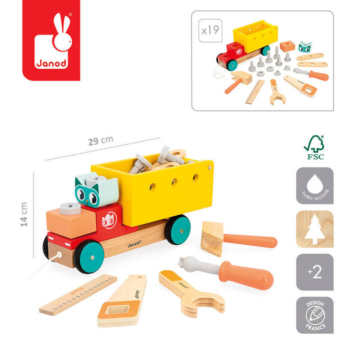 Drewniana ciężarówka z narzędziami do samodzielnego złożenia Brico Kids Janod J06451