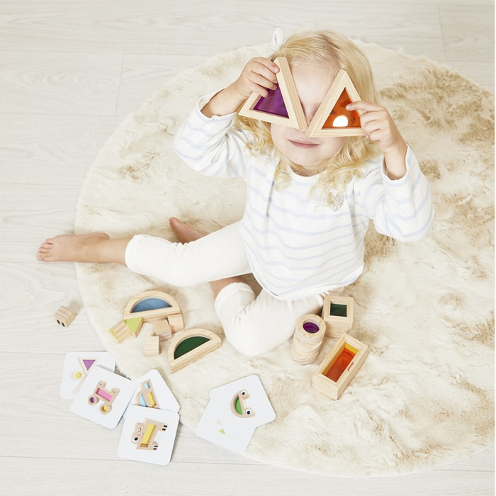 Klocki drewniane przeźroczyste kolorowe sensoryczne Janod J05306