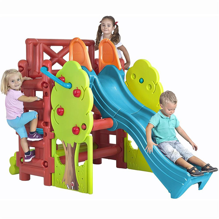 Plac Zabaw FEBER 09590 ze zjeżdżalnią ławeczką i stolikiem dla dzieci do kreatywnej zabawy Wood House