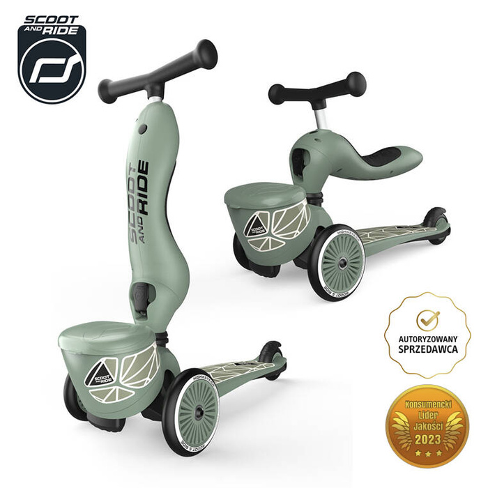 Zestaw SCOOTANDRIDE Kask + Highwaykick1 2w1 jeździk i hulajnoga z zamykanym schowkiem Green Lines