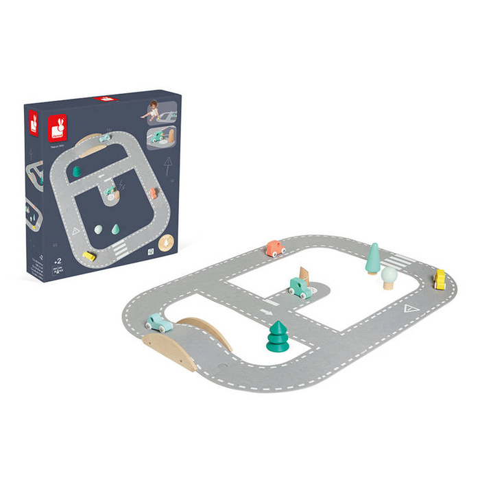 Filcowy tor dla samochodów z akcesoriami Janod J04631