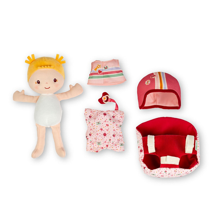 Lalka Dzidziuś Lena w foteliku rowerowym Lilliputiens 83633 z kamizelką i kaskiem na wycieczki i do przytulania