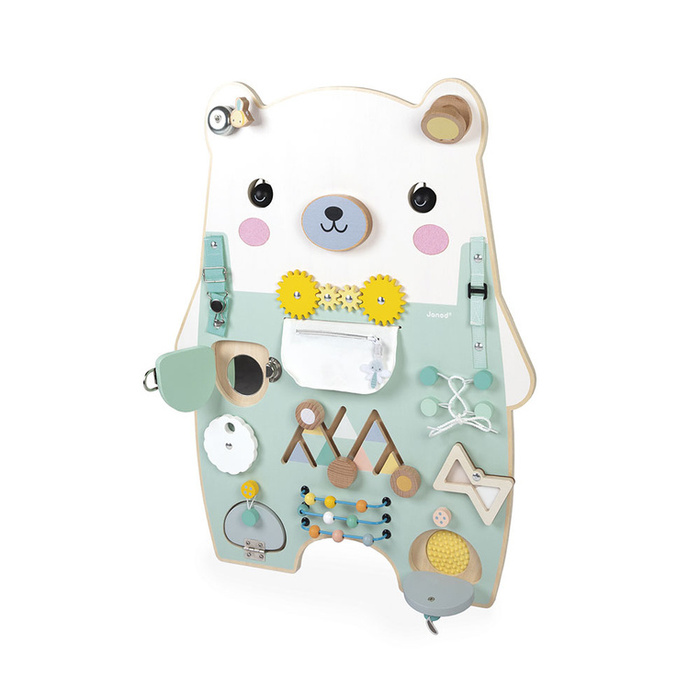 Duża drewniana tablica manipulacyjna 20 aktywności Miś Pure Janod J05162