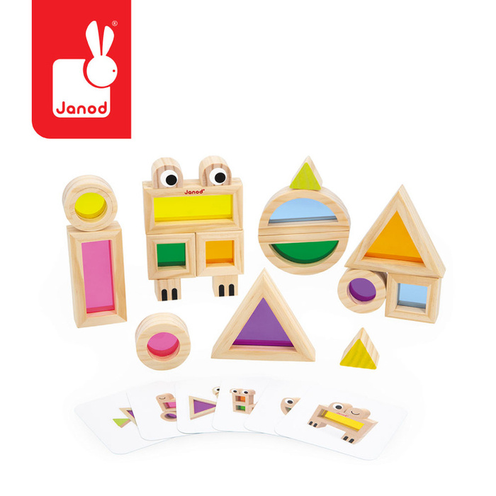 Klocki drewniane przeźroczyste kolorowe sensoryczne Janod J05306
