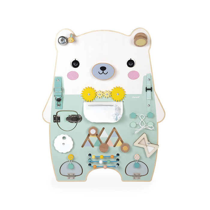 Duża drewniana tablica manipulacyjna 20 aktywności Miś Pure Janod J05162