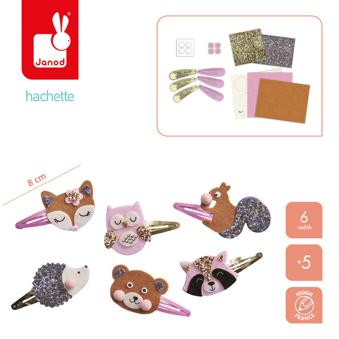 Zestaw kreatywny do tworzenia biżuterii brokatowe spinki do włosów Leśne zwierzątka Janod J09180