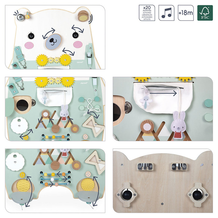 Duża drewniana tablica manipulacyjna 20 aktywności Miś Pure Janod J05162